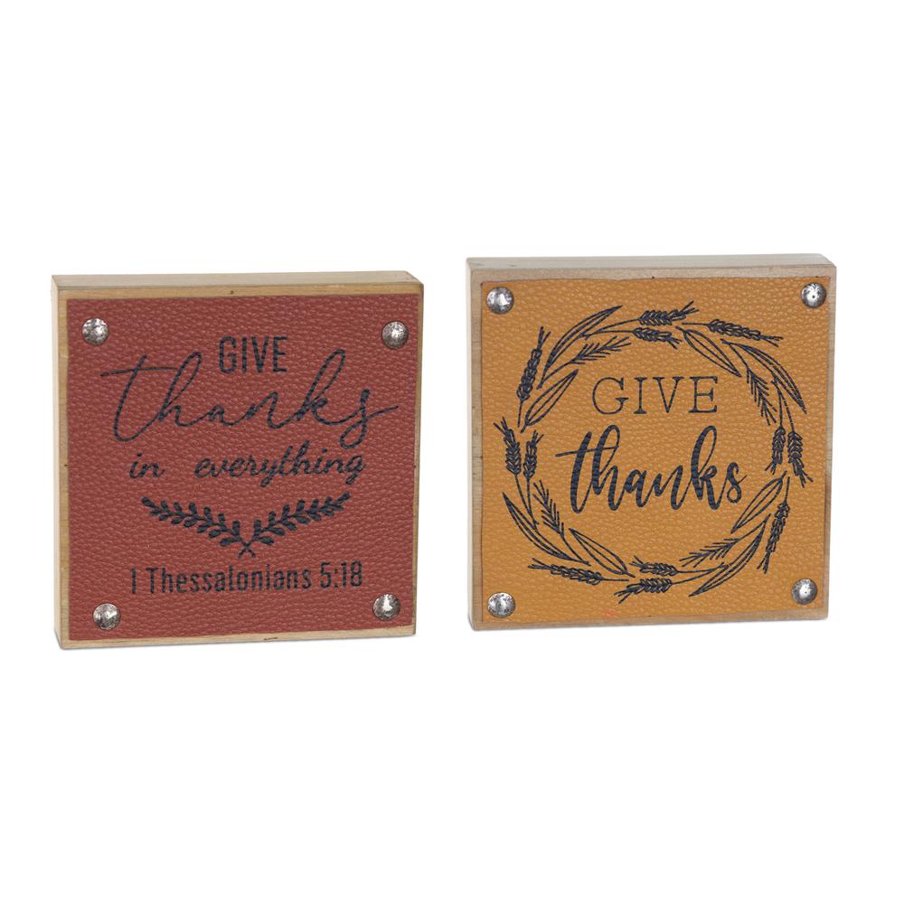 Give Thanks Sign (Set of 6) 5"SQ MDF/Faux Leather. Picture 1