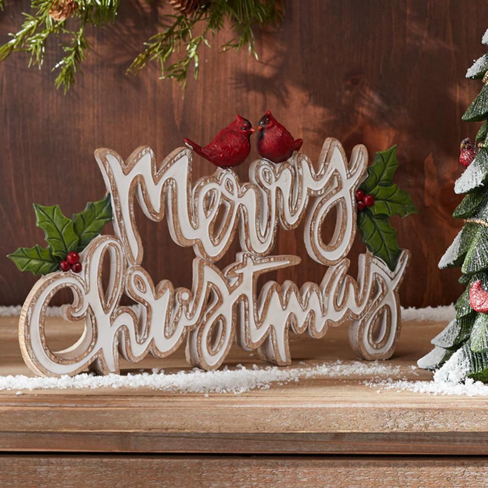 Merry Christmas w/Cardinals Sign (Set of 2) 12"L x 7.25"H Resin. Picture 2
