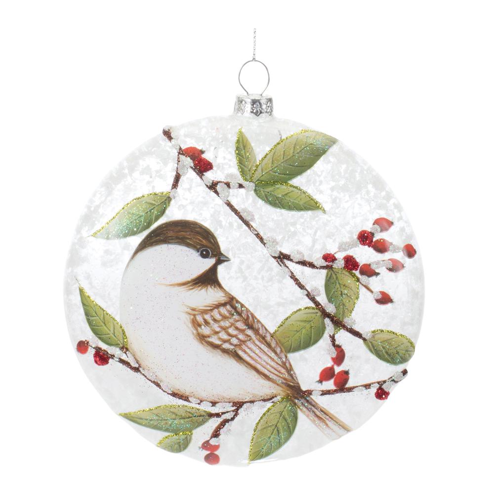 Chickadee Disc Ornament (Set of 6) 5"H Glass. Picture 1