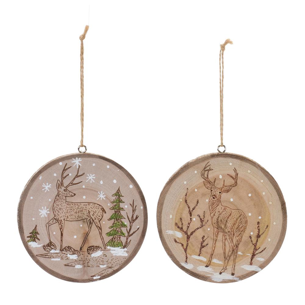 Deer Disc Ornament (Set of 12) 4"H Wood. Picture 1