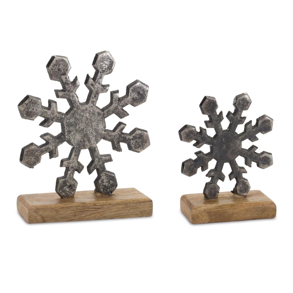 Snowflake On Stand (Set of 6) 5.75"H, 7.75"H Aluminum/Wood. Picture 1