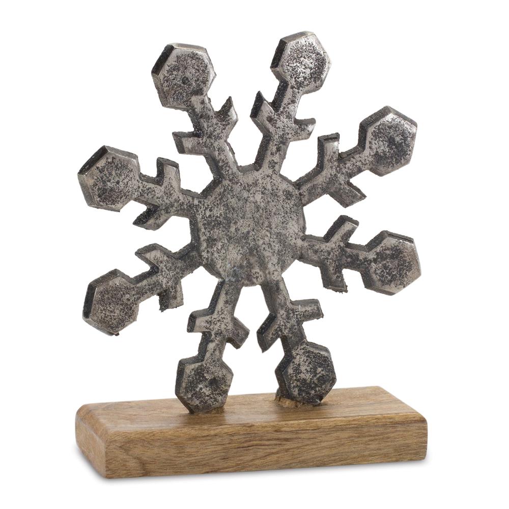 Snowflake On Stand (Set of 6) 5.75"H, 7.75"H Aluminum/Wood. Picture 2