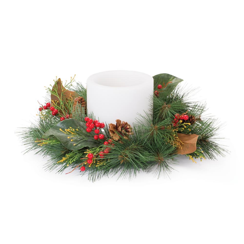 Pine w/Magnolia Leaf & Berry Candle Ring (Set of 2) 16"D PVC (Fits a 6" Candle). Picture 1