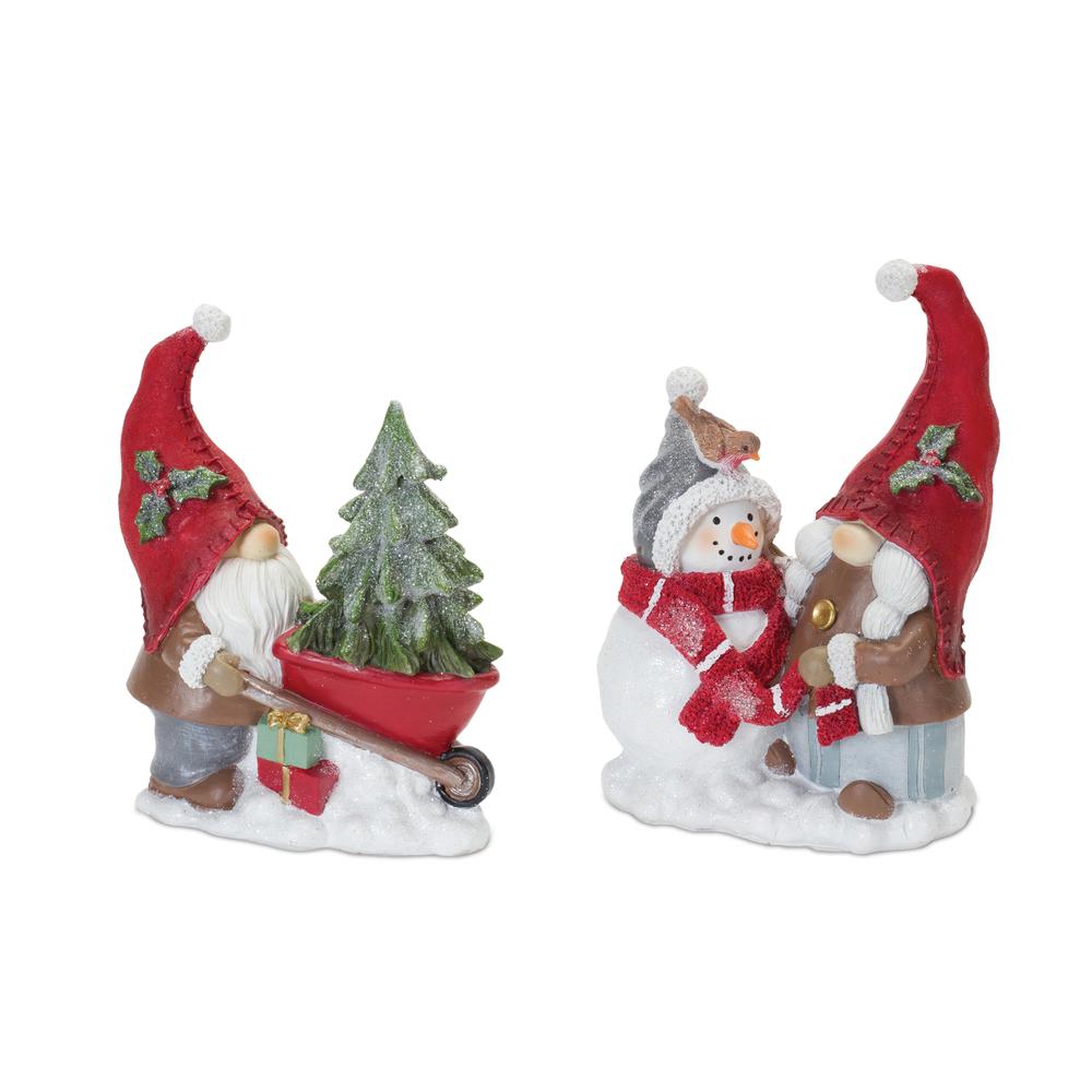 Gnome w/Wheelbarrow and Gnome w/Snowman (Set of 2) 7"H, 8"H Resin. Picture 1