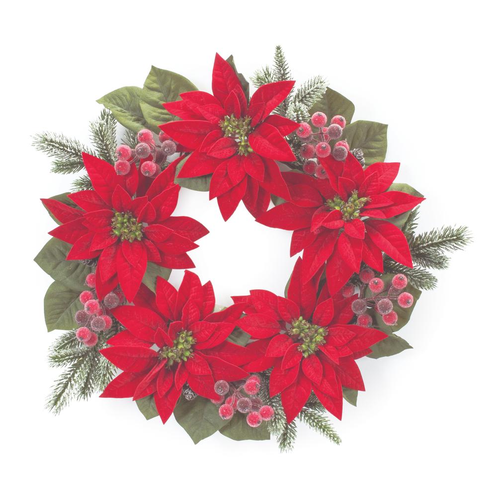Poinsettia and Pine Wreath 24.5"D Polyester. Picture 1