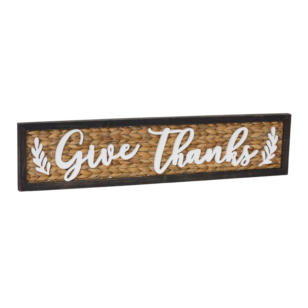 Give Thanks Sign 32"L x 7.5"H Wood/Water Hyacinth. Picture 1