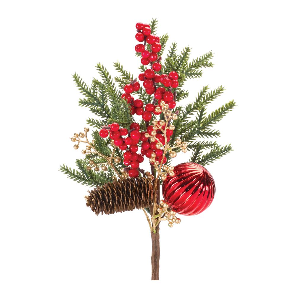 Pine Spray w/Berry & Ornament (Set of 2) 16"H Plastic. Picture 1