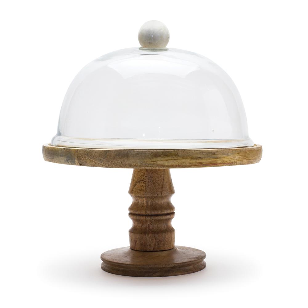 Dome on Pedestal Plate Stand 10.5"D x 12"H Wood/Glass. Picture 1