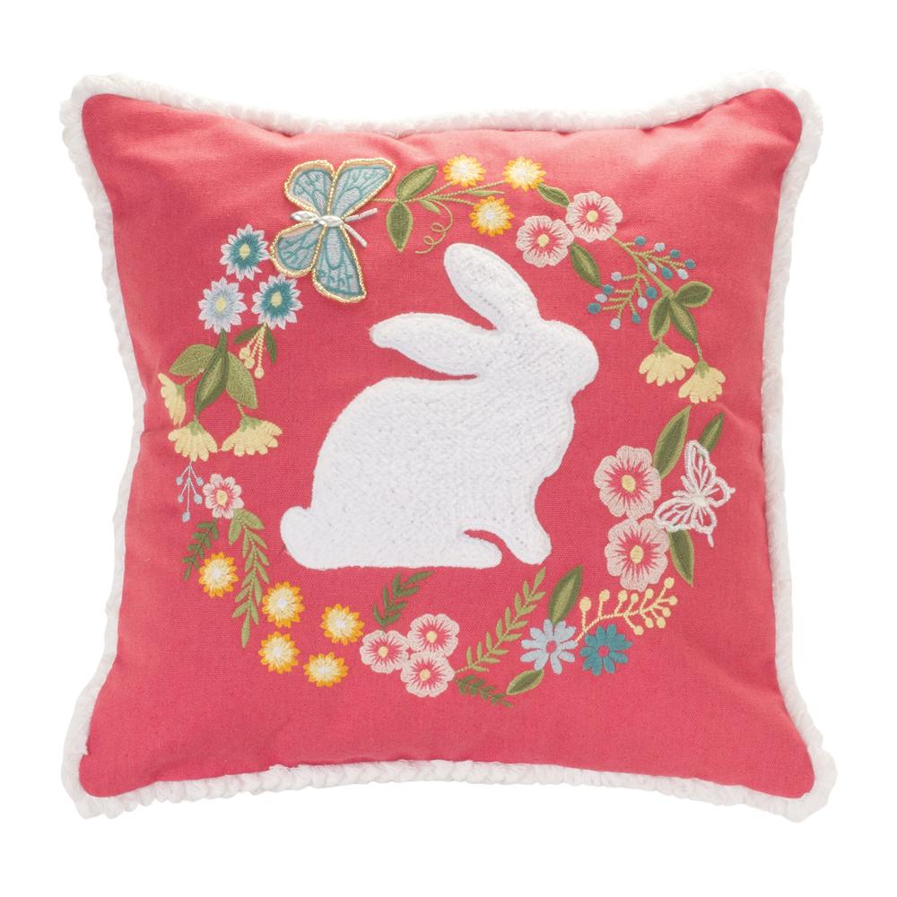 Rabbit and Floral Wreath Pillow 16"SQ Polyester. Picture 1