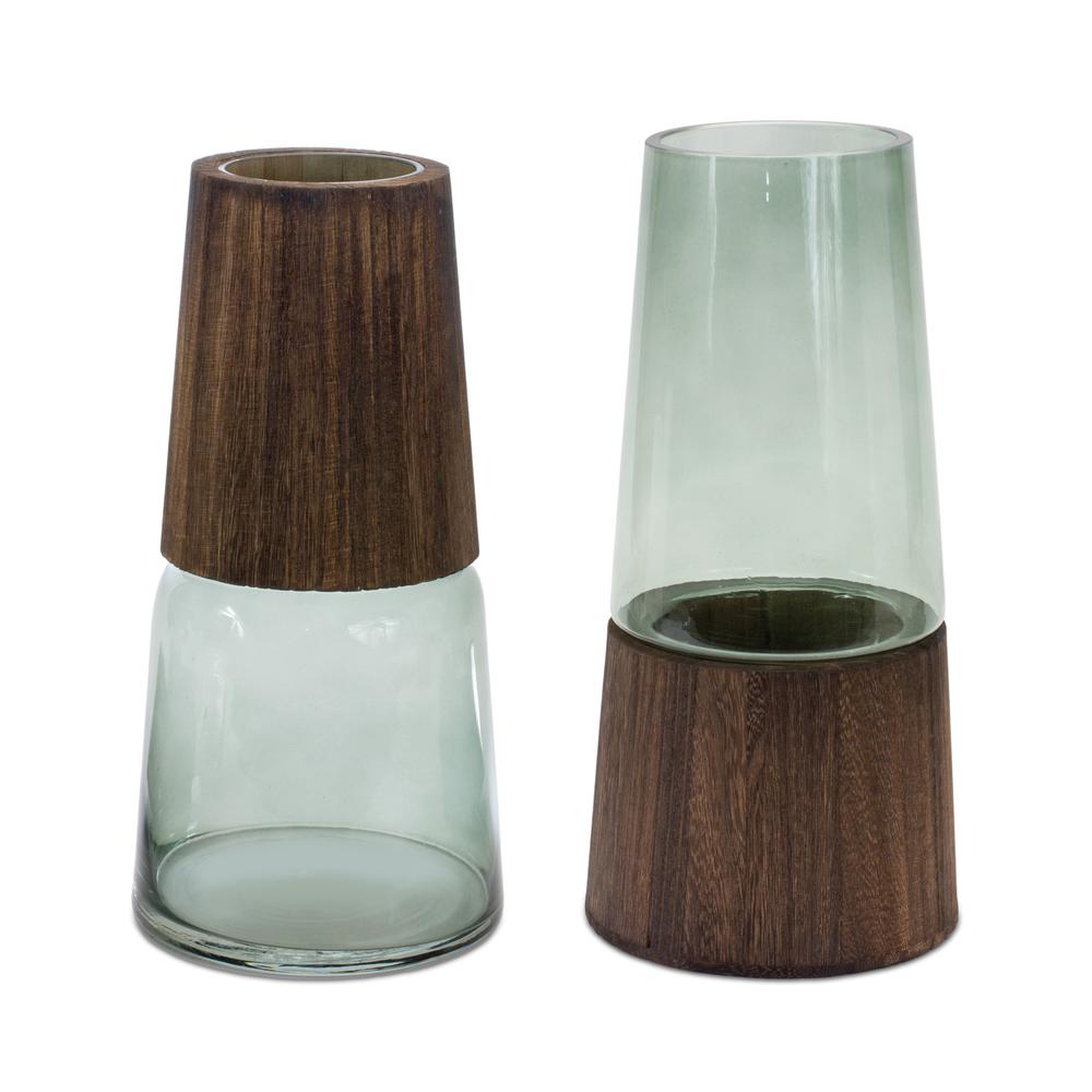 Vase (Set of 2) 5.5"D x 11"H, 5.5"D x 11"H Glass/Wood. Picture 1