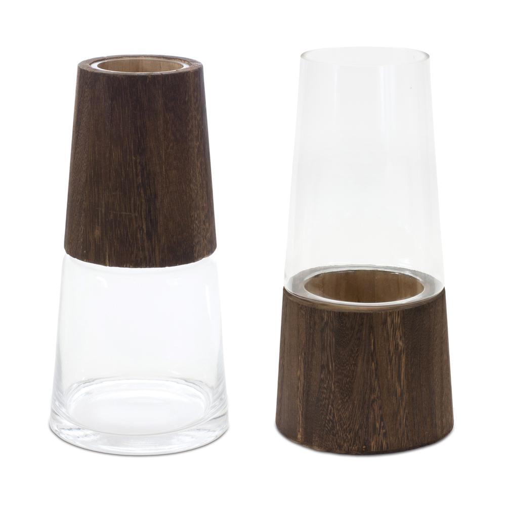 Vase (Set of 2) 5.5"D x 11"H, 5.5"D x 11"H Glass/Wood. Picture 1