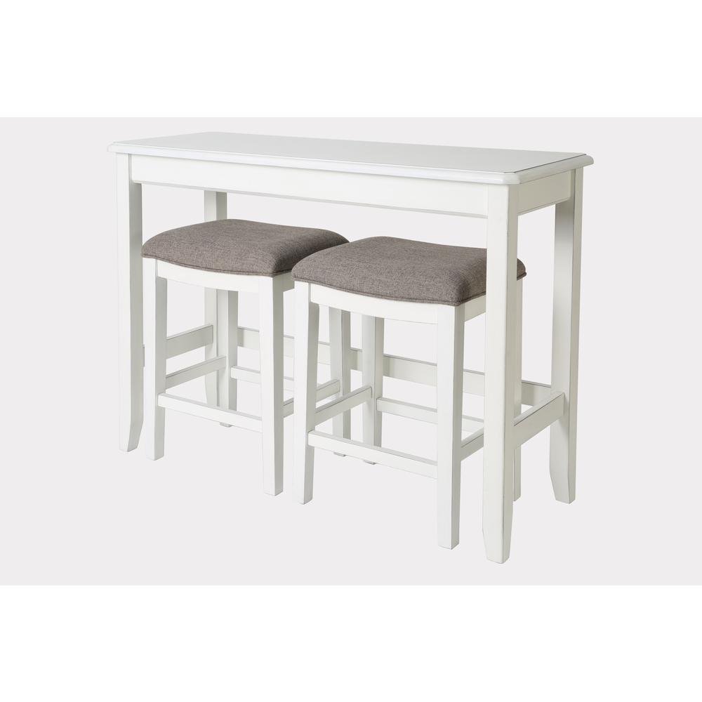48in. W Pub Sofa Table with Two Nested Upholstered Stools, Distressed White. Picture 2