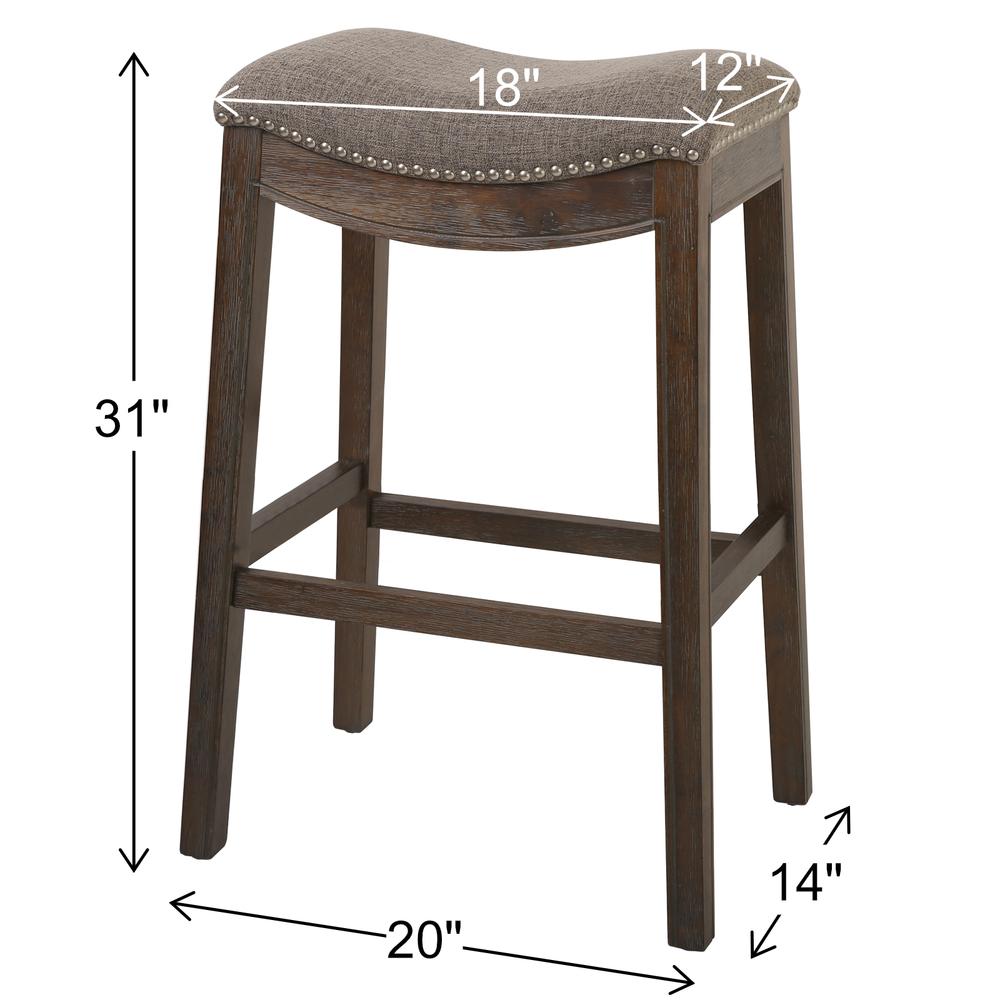 31in. H Saddle Weathered Gray Wood Bar-Height Barstool with Smoke Gray Fabric. Picture 7