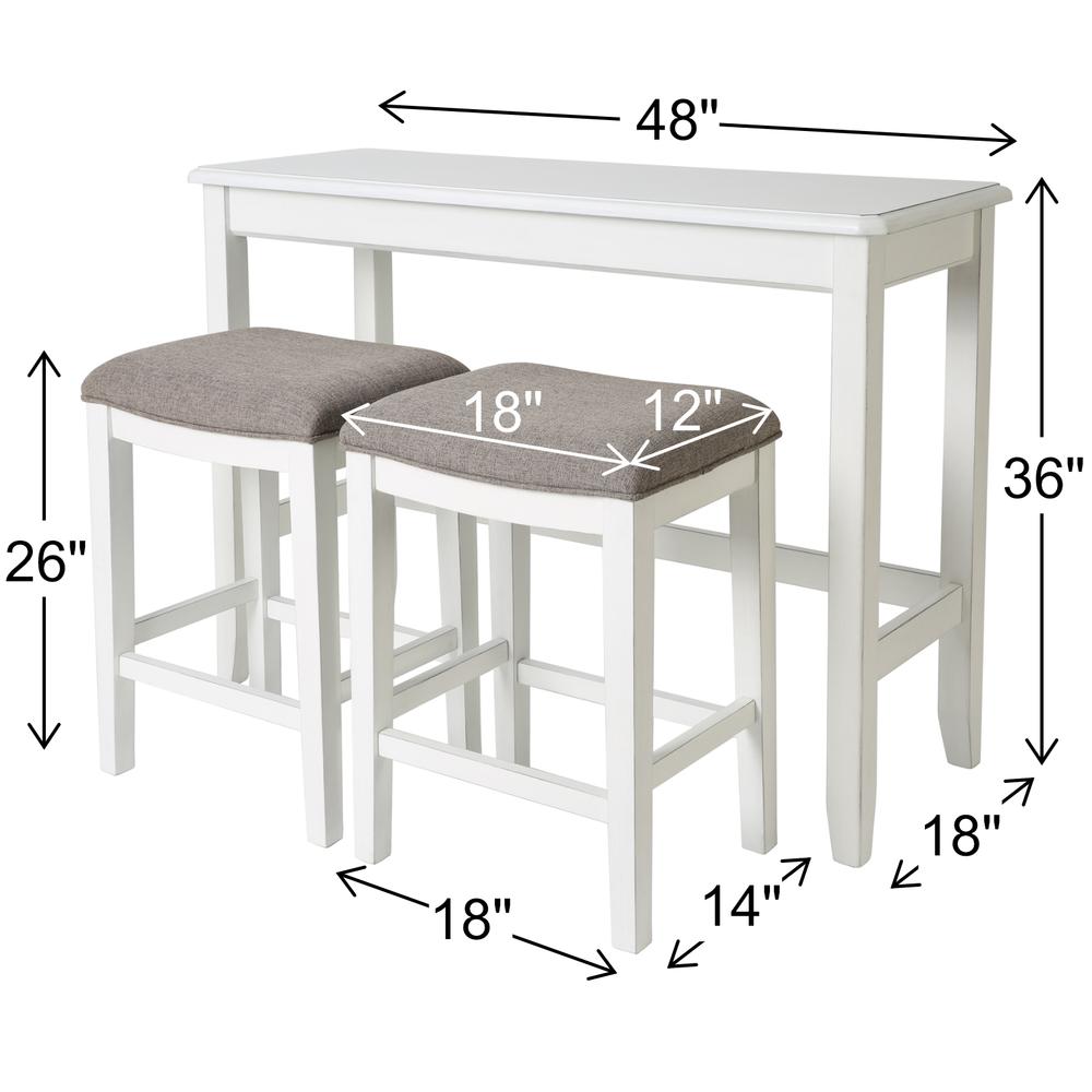 48in. W Pub Sofa Table with Two Nested Upholstered Stools, Distressed White. Picture 5