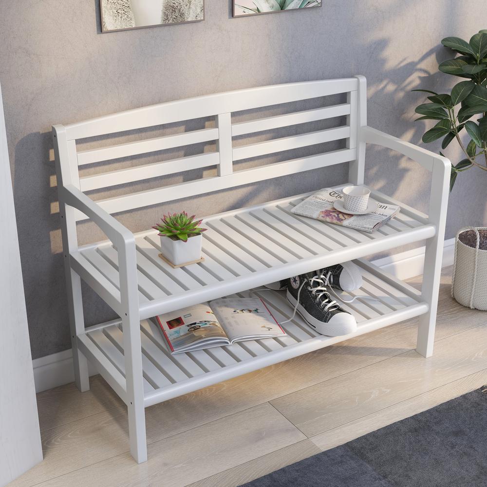 New Ridge Home Solid Wood Abingdon Large Bench with Back and Shelf, White. Picture 9