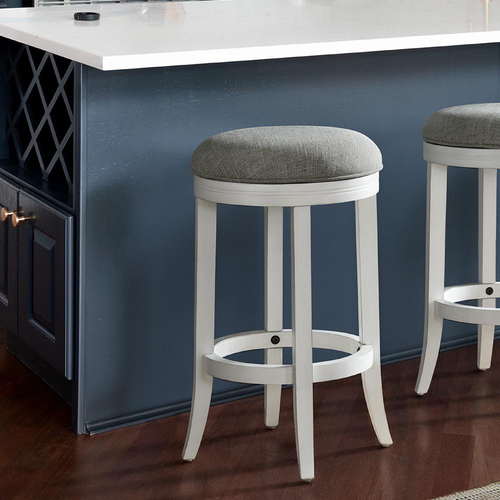 26in. Counter-Height Wood Backless Barstool with Upholstered Grey Swivel Seat. Picture 6