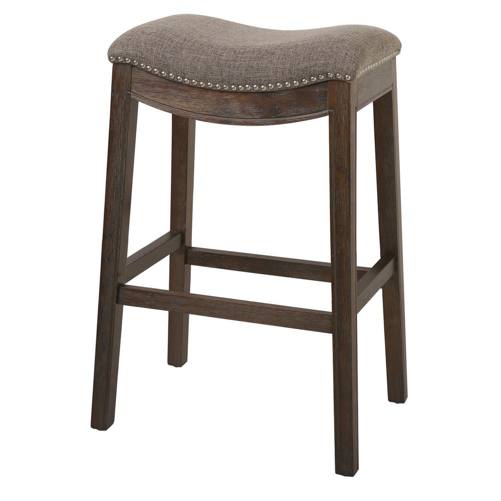 31in. H Saddle Weathered Gray Wood Bar-Height Barstool with Smoke Gray Fabric. Picture 1
