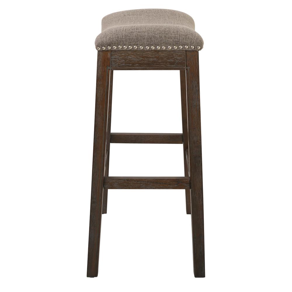 31in. H Saddle Weathered Gray Wood Bar-Height Barstool with Smoke Gray Fabric. Picture 3