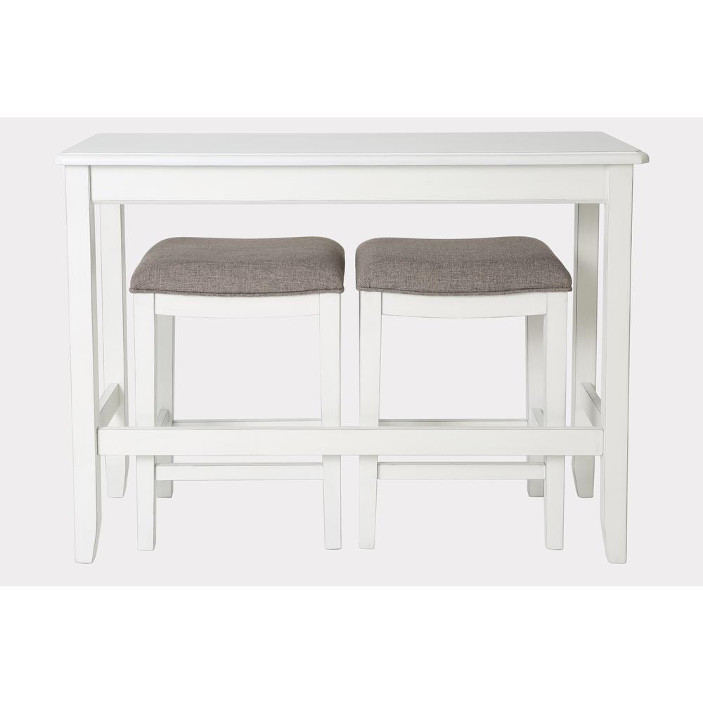 48in. W Pub Sofa Table with Two Nested Upholstered Stools, Distressed White. Picture 1