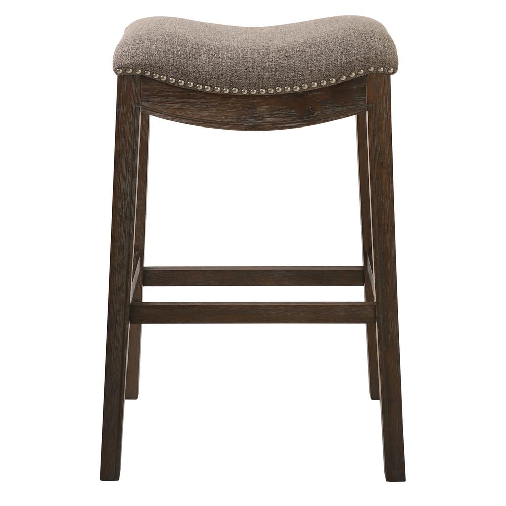 31in. H Saddle Weathered Gray Wood Bar-Height Barstool with Smoke Gray Fabric. Picture 2