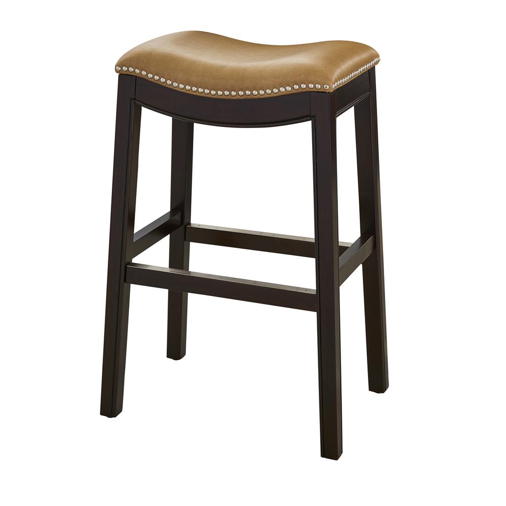 31in. H Bar-Height Wood Barstool with Tan Faux-Leather Seat. Picture 3