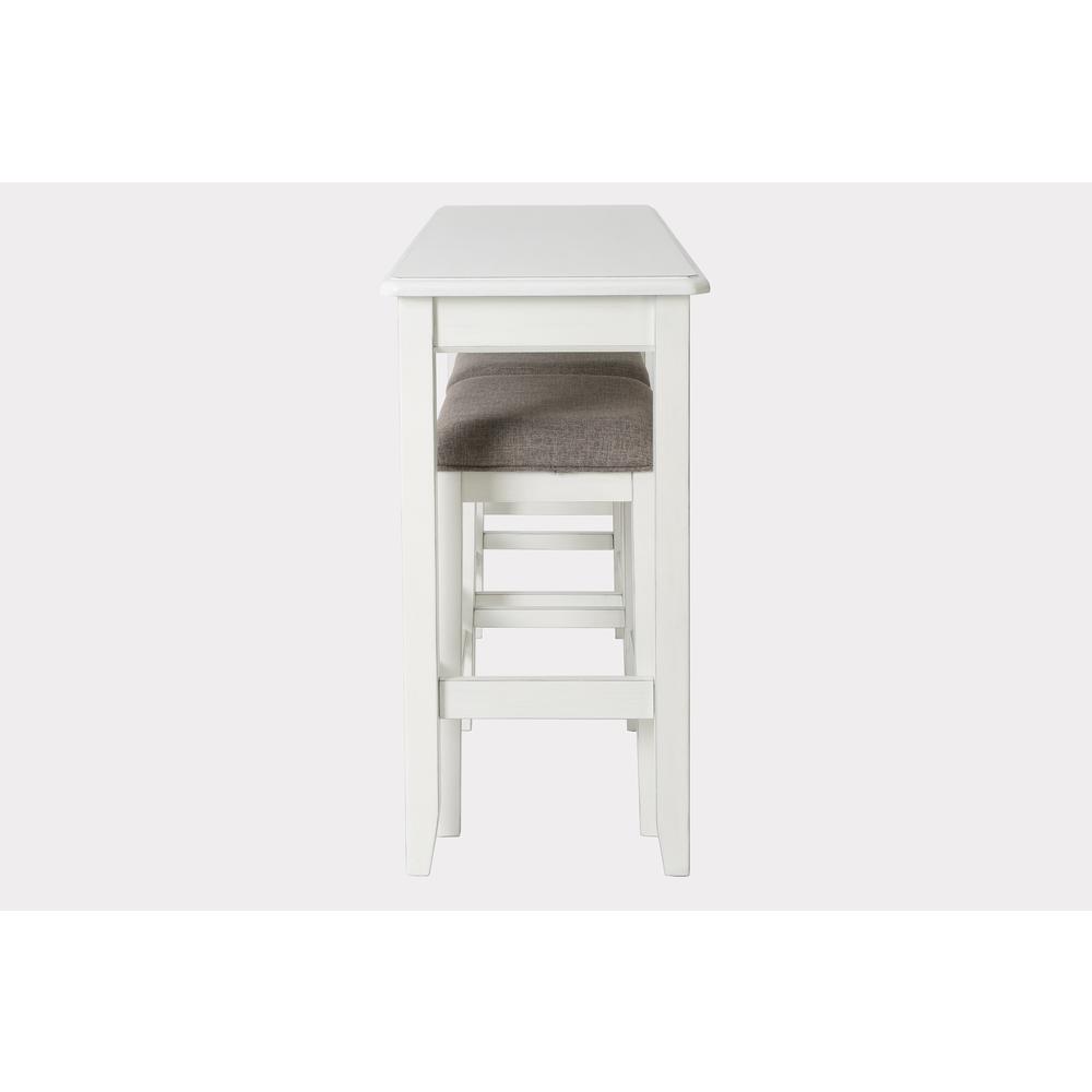 48in. W Pub Sofa Table with Two Nested Upholstered Stools, Distressed White. Picture 3