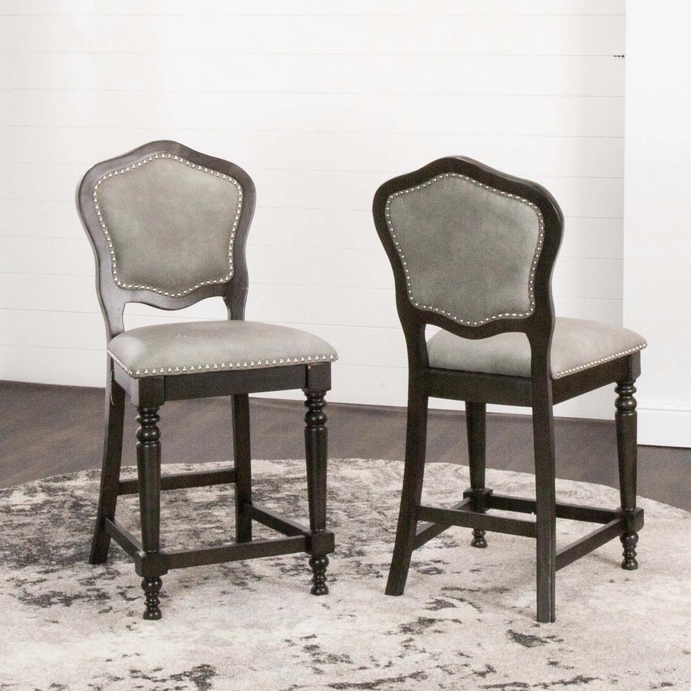Sunset Trading Vegas Upholstered Barstools with Backs | Counter Height Dining Chairs | Distressed Gray Wood | Nailheads | Set of 2. Picture 3