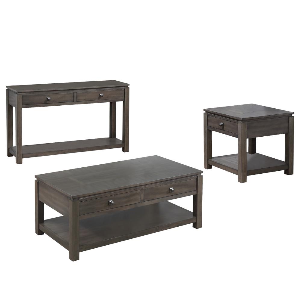 Shades of Gray 3 Piece Living Room Table Set with Drawers and Shelves. Picture 3