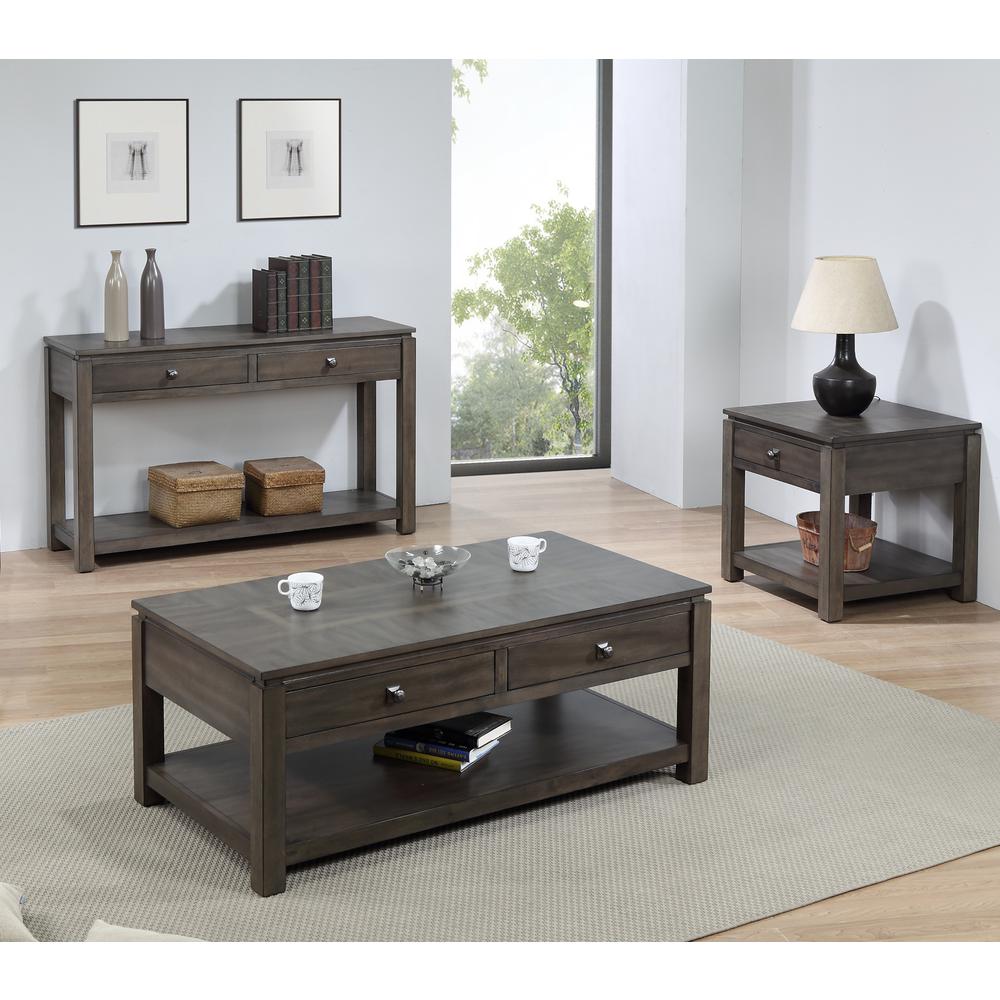 Shades of Gray 3 Piece Living Room Table Set with Drawers and Shelves. Picture 5