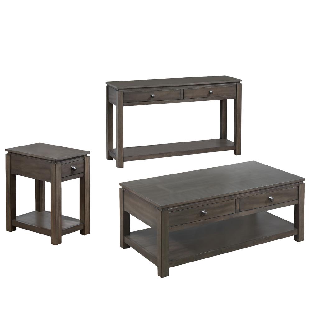 Shades of Gray 3 Piece Living Room Table Set with Drawers and Shelves. Picture 2