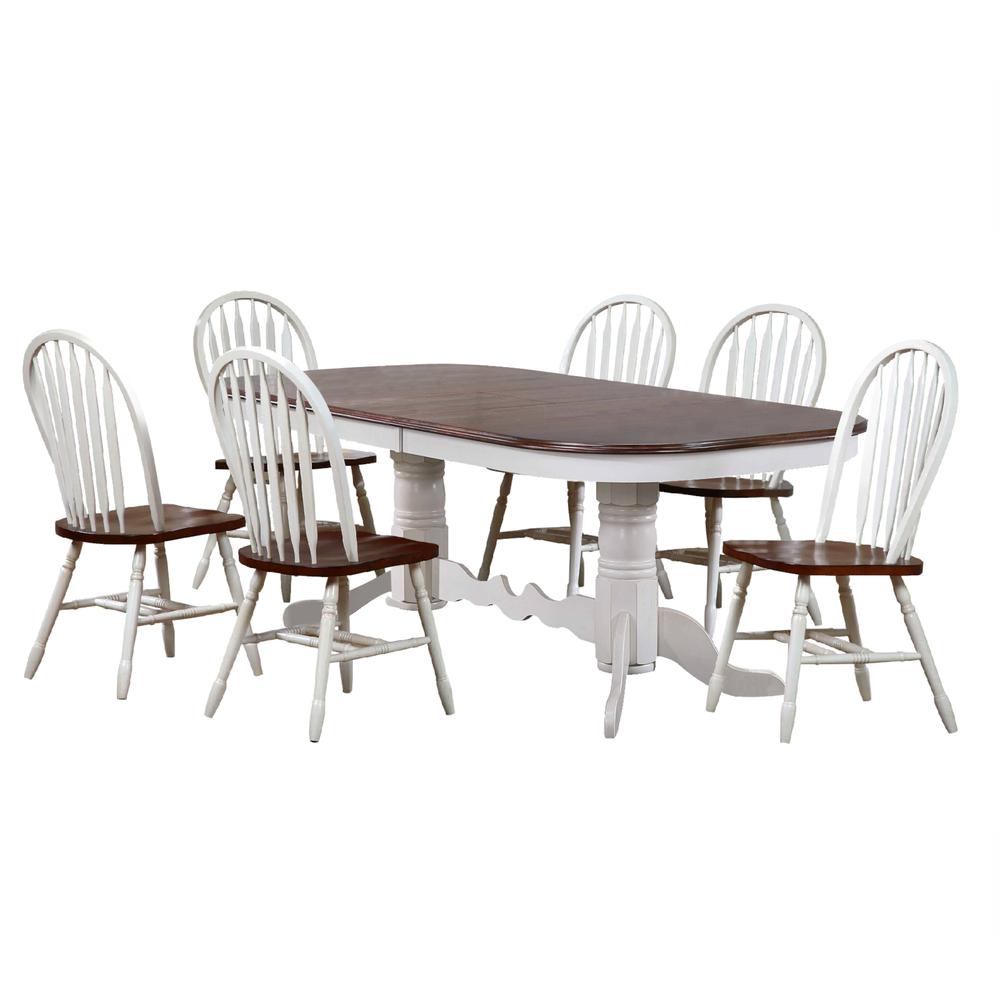 Sunset Trading Andrews 7 Piece 96" Oval Double Pedestal Extendable Dining Set | Butterfly Leaf Trestle Table | 6 Windsor Chairs | Antique White and Chestnut Brown | Seats 10. Picture 4
