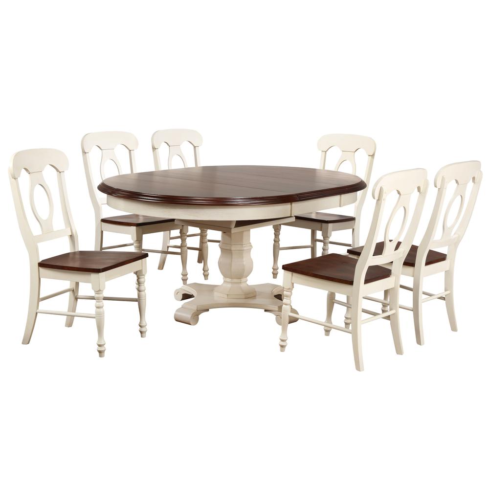 Sunset Trading Andrews 7 Piece 48" Round or 66" Oval Extendable Dining Set | Butterfly Leaf Table | Antique White and Chestnut Brown | Napoleon Chairs | Seats 6. Picture 3