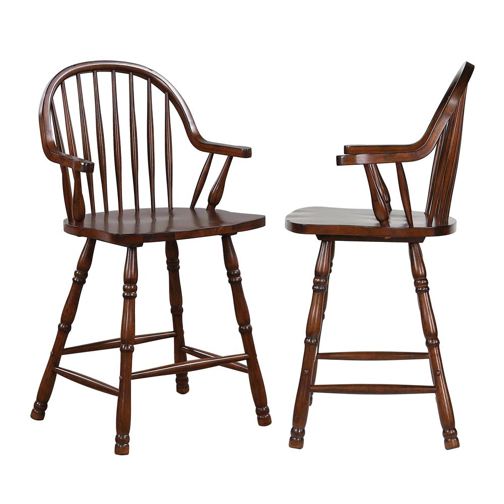 Sunset Trading Andrews 24" Windsor Barstool with Arms | Counter Height Stool | Distressed Chestnut Brown | Set of 2. Picture 7