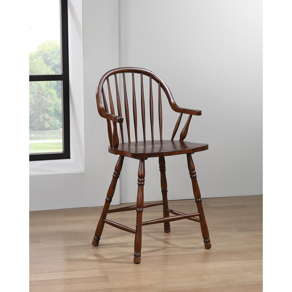Sunset Trading Andrews 24" Windsor Barstool with Arms | Counter Height Stool | Distressed Chestnut Brown | Set of 2. Picture 5