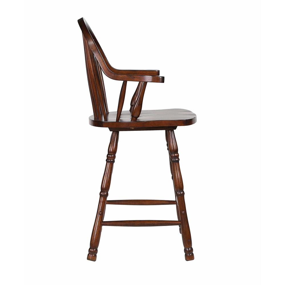 Sunset Trading Andrews 24" Windsor Barstool with Arms | Counter Height Stool | Distressed Chestnut Brown | Set of 2. The main picture.