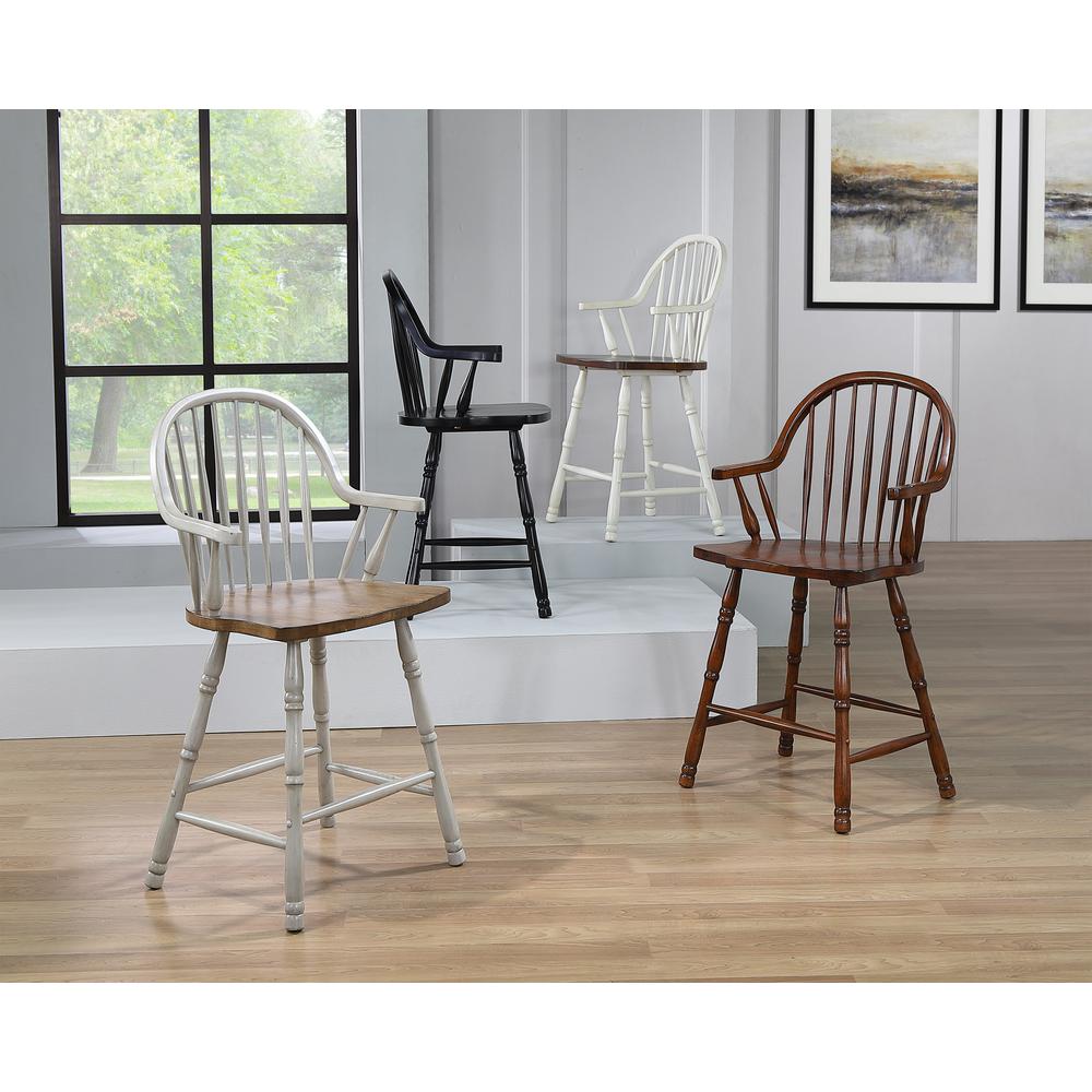 Sunset Trading Andrews 24" Windsor Barstool with Arms | Counter Height Stool | Distressed Chestnut Brown | Set of 2. Picture 4