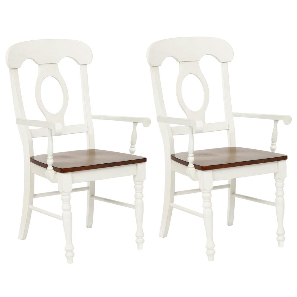 Sunset Trading Andrews Napoleon Dining Chair with Arms | Antique White with Chestnut Brown Seat | Set of 2. Picture 5