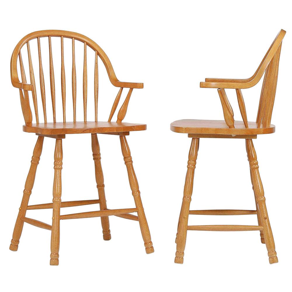 Sunset Trading Oak Selections 24" Windsor Barstool with Arms | Light Oak | Counter Height Stool | Set of 2. Picture 3