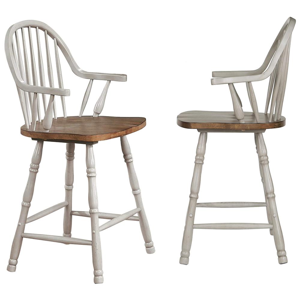 Sunset Trading Country Grove 24" Windsor Barstools with Arms | Counter Height Dining | Distressed Gray and Brown Wood | Set of 2. Picture 1
