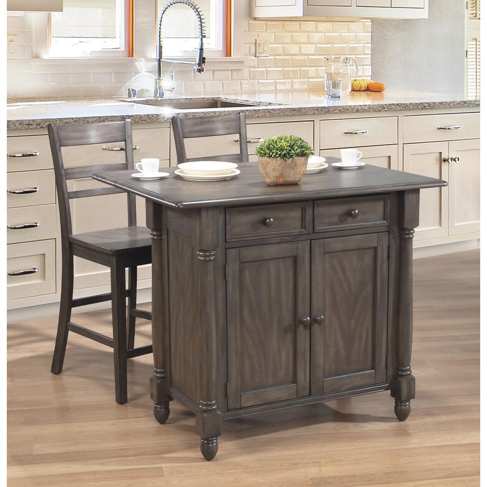 Shades of Gray Expandable Drop Leaf Kitchen Island Set with 2 Stools. Picture 1