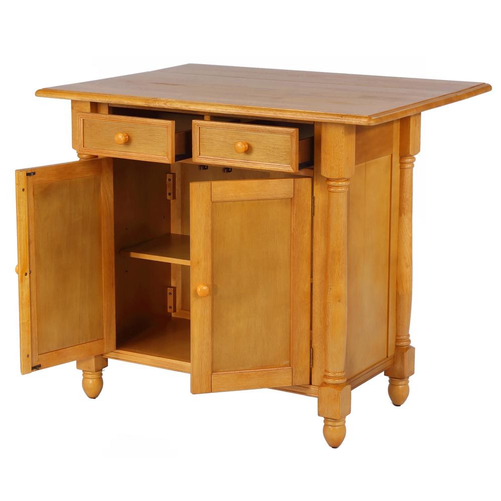 Light Oak Expandable Drop Leaf Kitchen Island with 2 Swivel Stools. Picture 3