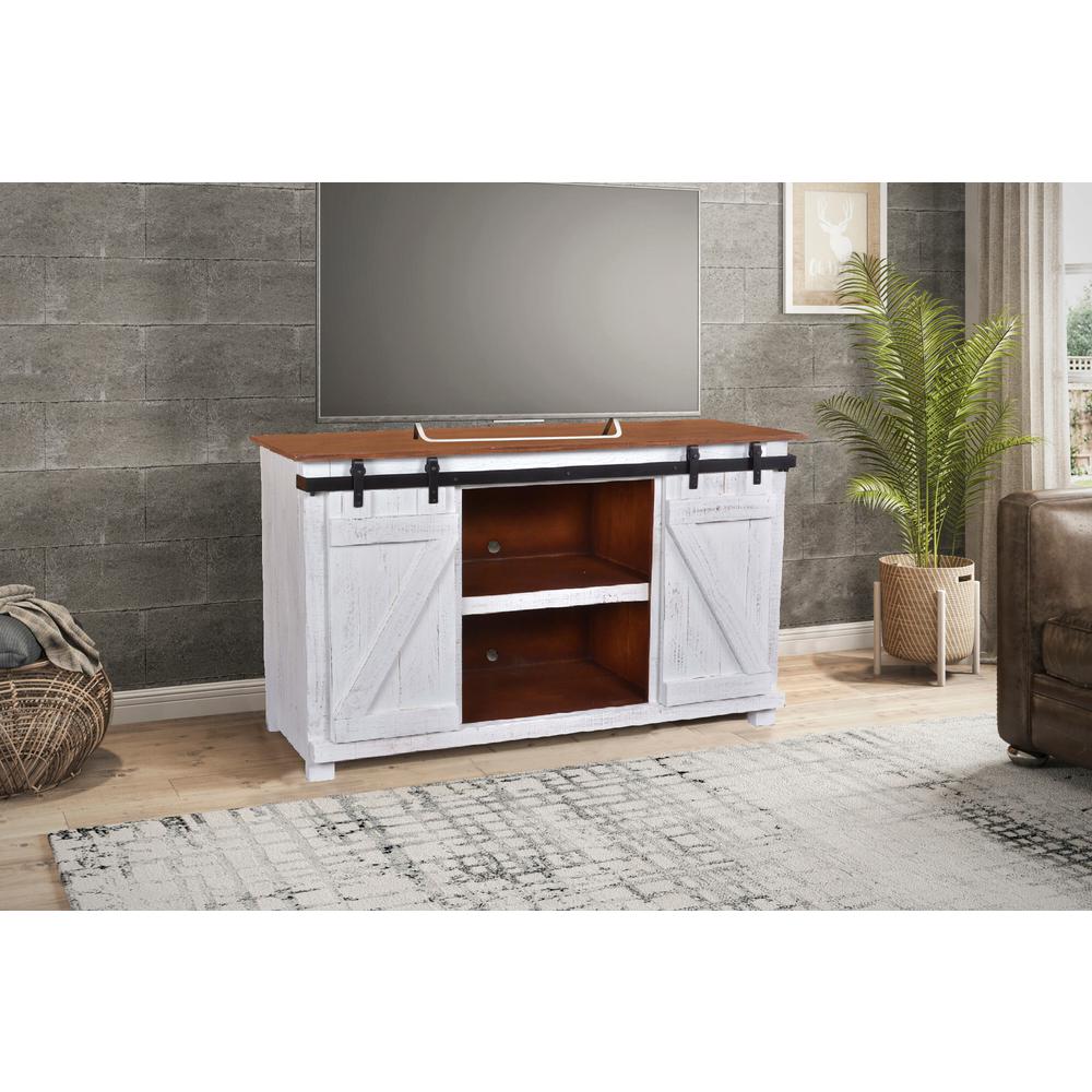 Sunset Trading Stowe Barn Door Console | Media Cabinet | TV Stand | Rustic White and Brown Solid Wood. Picture 2
