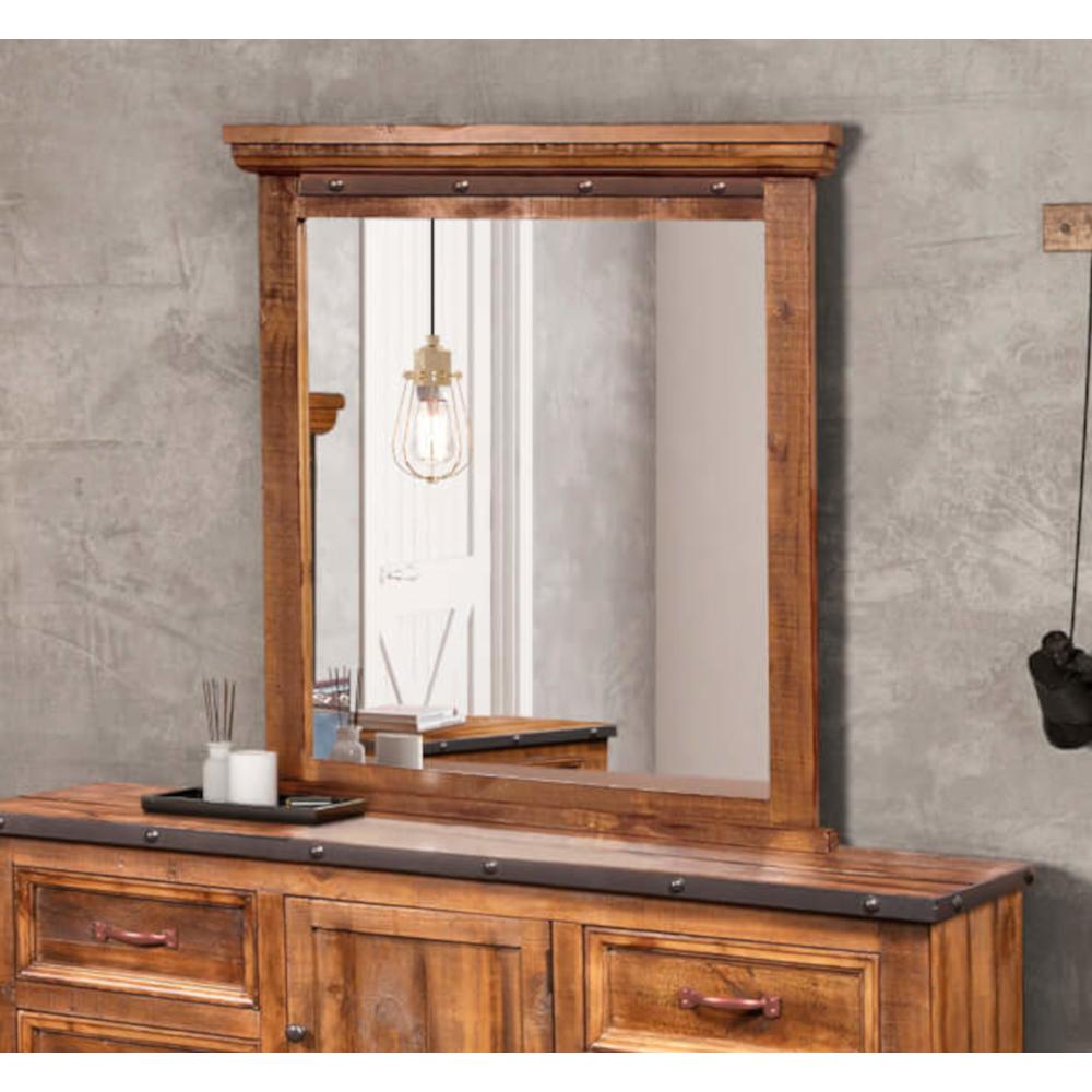 Rustic City Rectangular Mirror Solid Brown Wood Industrial Metal Accents. Picture 2