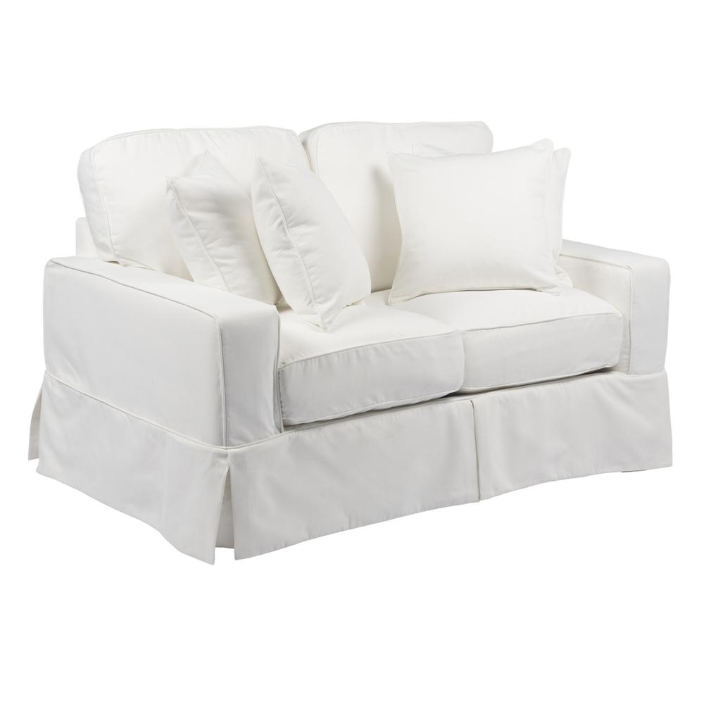 Sunset Trading Americana Box Cushion Slipcovered Loveseat | Stain Resistant Performance Fabric | White. The main picture.