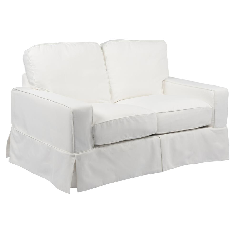 Sunset Trading Americana Box Cushion Slipcovered Loveseat | Stain Resistant Performance Fabric | White. Picture 2