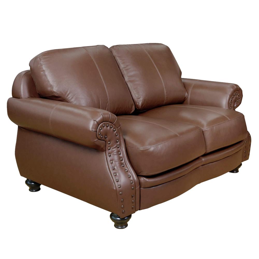 Sunset Trading Charleston 63" Wide Top Grain Leather Loveseat | Chestnut Brown Rolled Arm Small Couch with Nailheads. Picture 1