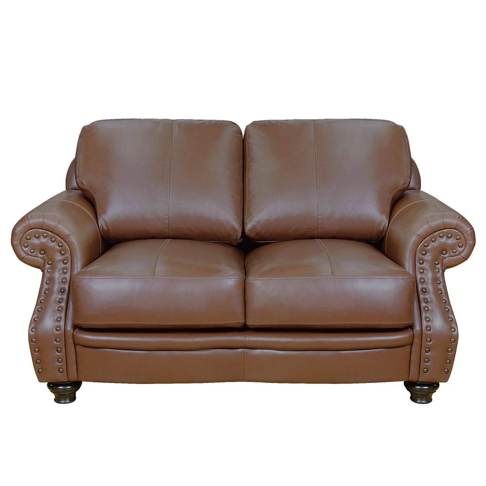 Sunset Trading Charleston 63" Wide Top Grain Leather Loveseat | Chestnut Brown Rolled Arm Small Couch with Nailheads. Picture 3