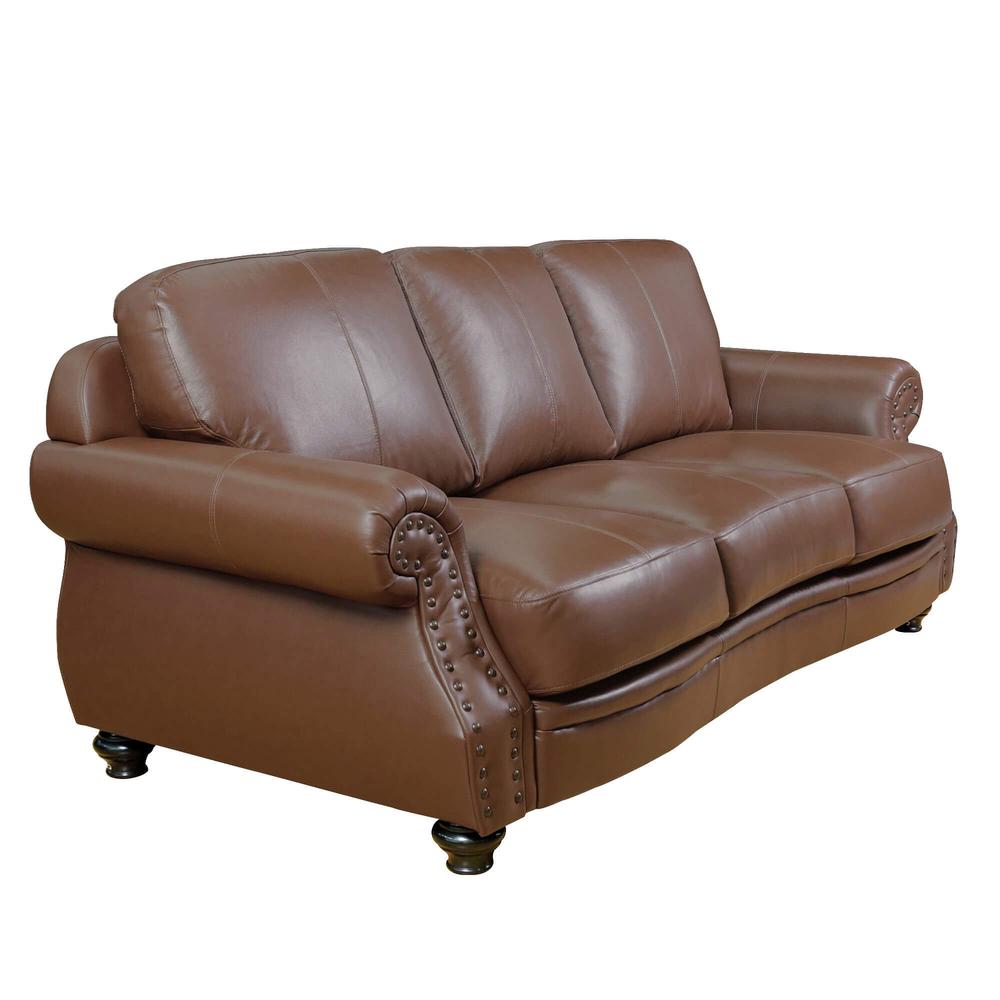 Sunset Trading Charleston 86" Wide Top Grain Leather Sofa | Chestnut Brown 3 Seater Rolled Arm Couch with Nailheads. Picture 1