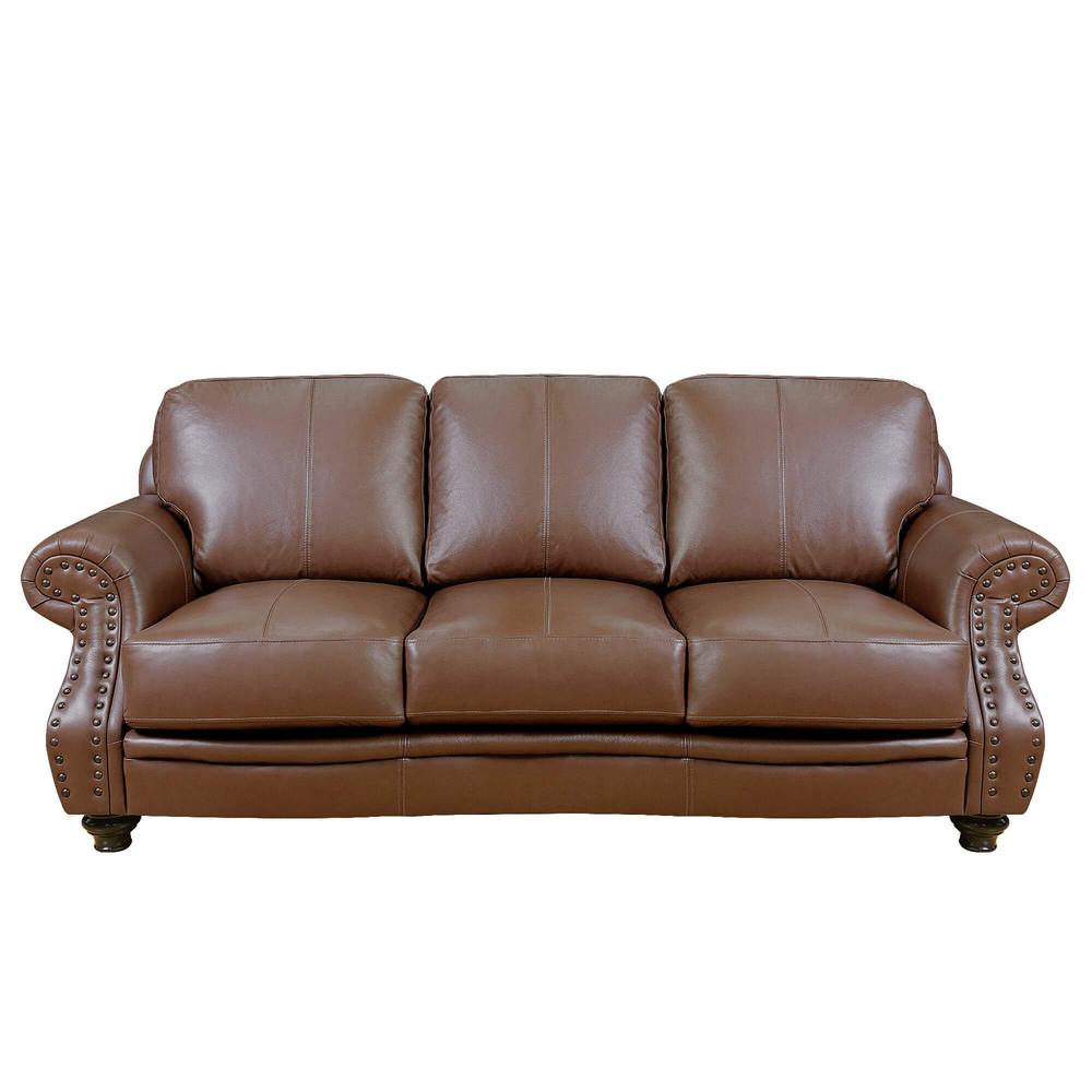 Sunset Trading Charleston 86" Wide Top Grain Leather Sofa | Chestnut Brown 3 Seater Rolled Arm Couch with Nailheads. Picture 2