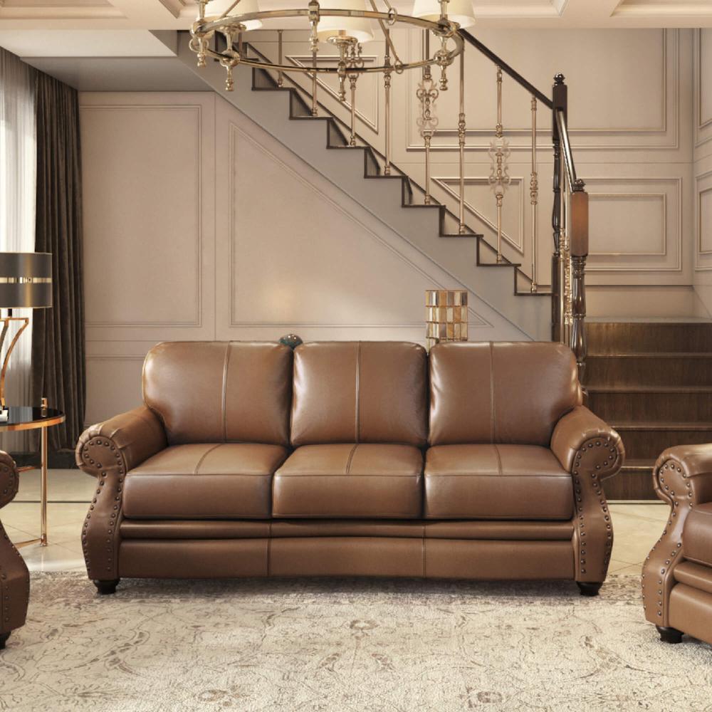 Sunset Trading Charleston 86" Wide Top Grain Leather Sofa | Chestnut Brown 3 Seater Rolled Arm Couch with Nailheads. Picture 5